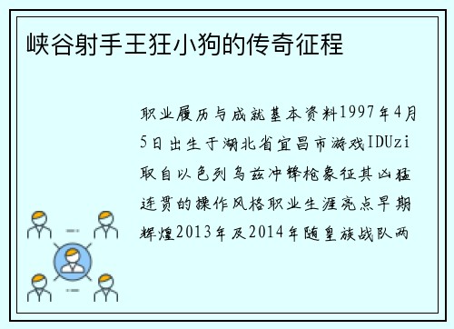 峡谷射手王狂小狗的传奇征程